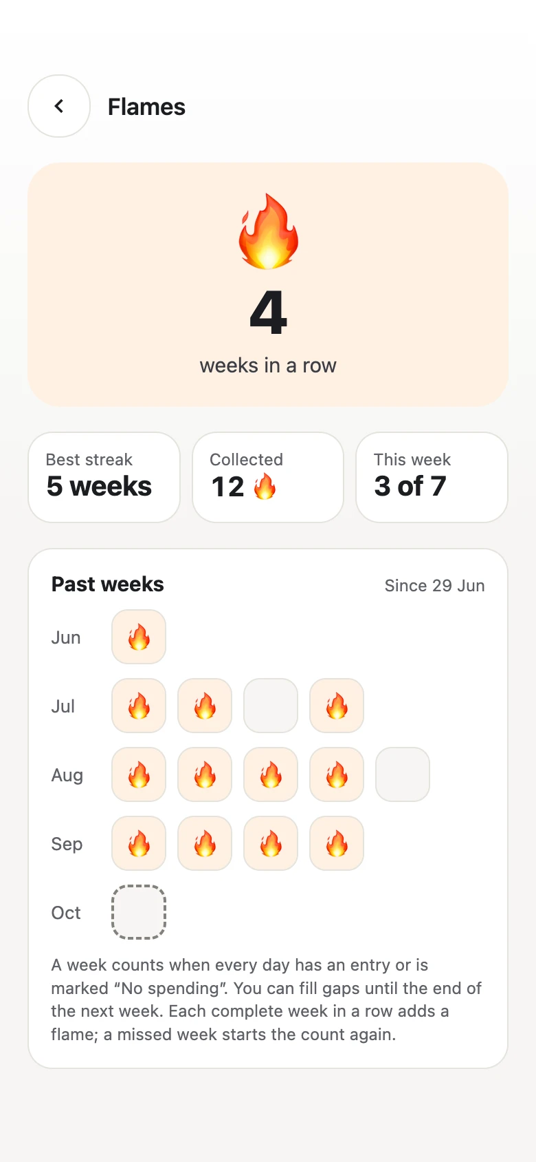 Flames screen with weeks in a row