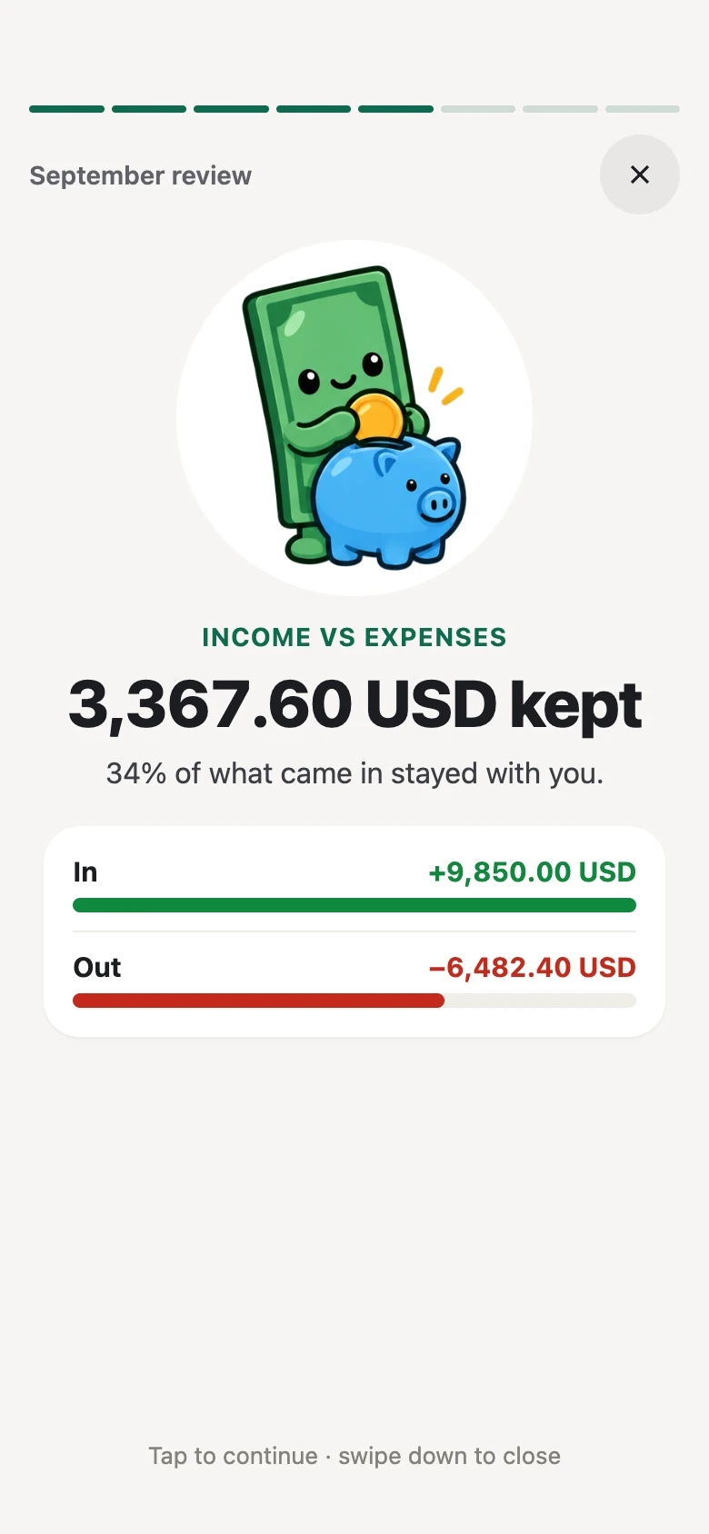 Monthly review card: income vs expenses